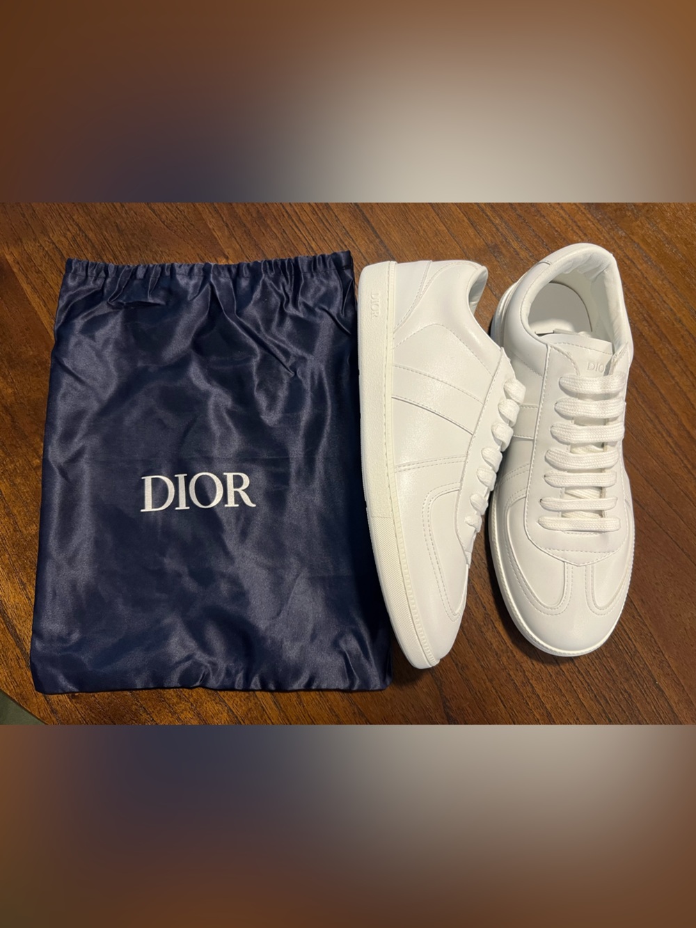 Dior Men’s White Low-Top Leather Sneakers with Navy Dust Bag